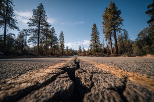 A large crack runs through a rural road surrounded by tall pine trees under a clear blue sky. Perfect for use in topics related to earthquakes, natural disasters, and environmental concerns