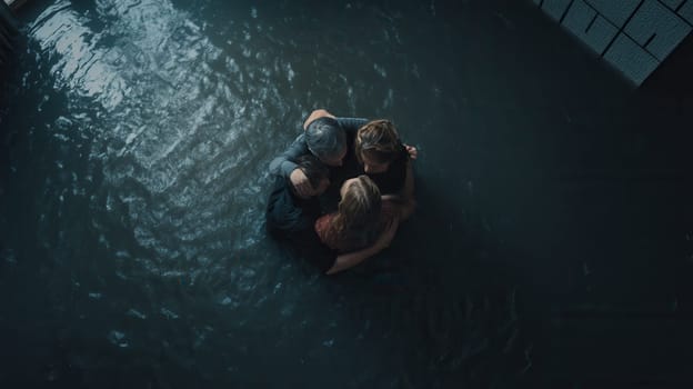 A dramatic aerial view of a family embracing in rising floodwater, symbolizing unity, fear, and resilience. Ideal for illustrating climate disasters, humanitarian stories, and emotional crisis scenes