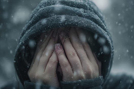 Close-up of a person shielding their face from a snowstorm in fear. Perfect for illustrating extreme weather, emotional vulnerability, winter danger, and human struggle against nature