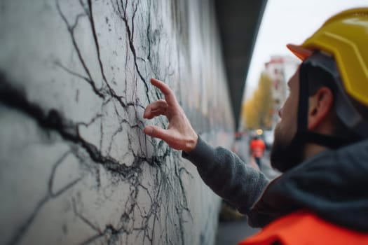 A construction worker, wearing a helmet and safety vest, carefully inspects visible cracks on a concrete wall. This image highlights the importance of structural integrity and construction safety.