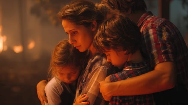 A family clings to each other near a raging wildfire, expressing fear and emotional strength. Ideal for visuals on disaster survival, emotional bonds, and emergency situations