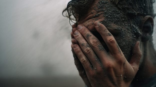 A distressed man stands in the rain, covering his face with muddy hands. Ideal for conveying emotional struggle, crisis, trauma, survival, and intense dramatic storytelling