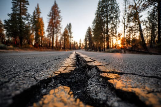 A dramatic crack splits a quiet forest road under warm evening light. Ideal for concepts related to earthquakes, rural decay, nature disruption, or environmental warnings
