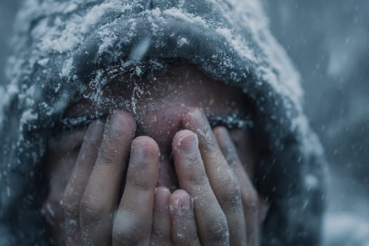 A person shielding their face in a snowstorm, covered in frost and snowflakes. Ideal for illustrating extreme weather, cold emergencies, survival themes, and emotional impact of winter