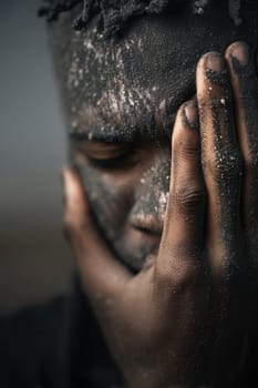 Close-up of a man with dust-covered face and hands expressing emotional distress. Ideal for projects related to survival, trauma, resilience, natural disasters, and human vulnerability