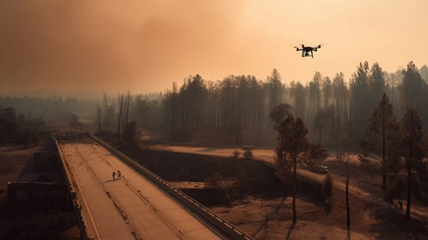 A drone flies above a ruined bridge in a smoke-covered forest after wildfire destruction. Two figures walk below through the devastation. Perfect for themes of disaster, climate crisis, or resilience