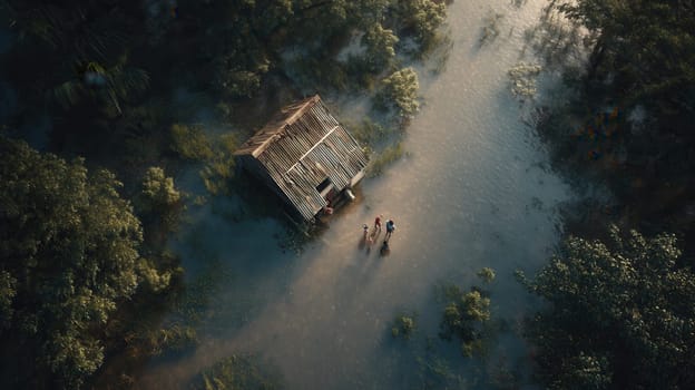 A family stands beside a small wooden house submerged by rising floodwaters in a remote village. Aerial view captures the emotional atmosphere of displacement and climate impact