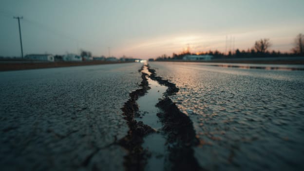 A cracked and flooded road captured at dusk after heavy rain. The moody lighting highlights environmental damage and urban vulnerability, perfect for editorial and climate-related themes