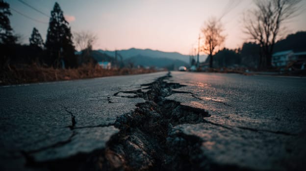 A deep crack runs through a rural asphalt road at sunset with mountains in the background. This image evokes themes of natural disasters, aging infrastructure, and vulnerability in remote areas