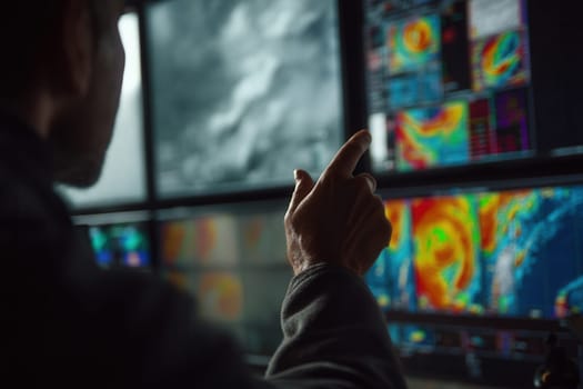 A meteorologist examines colorful weather radar maps on high-resolution monitors. Perfect for climate science topics, emergency preparation visuals, or news segments on storms and weather alerts