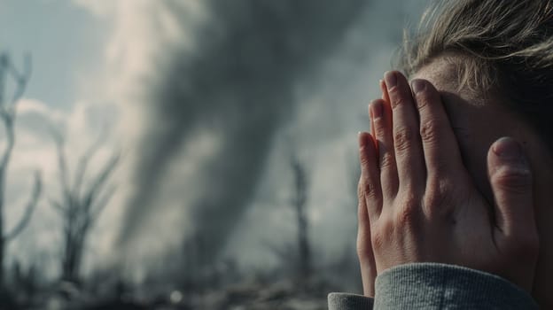 A distressed woman hides her face as a powerful tornado looms in the background. Perfect for illustrating extreme weather, natural disasters, emotional impact, and emergency survival themes