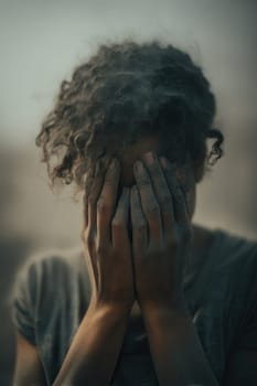 Woman with dusty face and hands covering her expression after a disaster. An emotional and powerful visual for illustrating trauma, shock, and the human cost of natural catastrophes