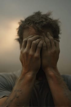 Man in despair with face and arms covered in dust, hiding his expression with both hands. A powerful visual for stories about disaster aftermath, human resilience, trauma, or mental health