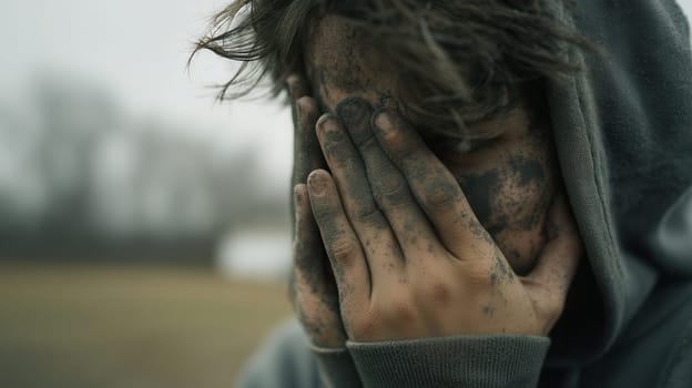 A teenage figure hides their face with muddy hands, conveying exhaustion, despair, and emotional trauma. Perfect for illustrating survival, disaster impact, and human vulnerability
