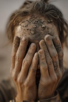 A woman hides her face with dirt-covered hands after a disaster, expressing raw fear and shock. Powerful concept for themes of survival, trauma, and human vulnerability