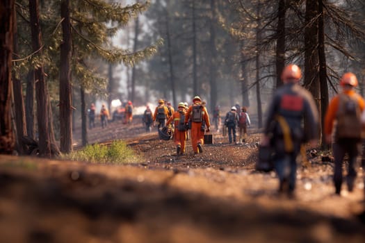 Firefighters walk through a smoke-filled forest after containing a wildfire. Ideal for illustrating teamwork, recovery efforts, natural disasters, and the aftermath of environmental emergencies