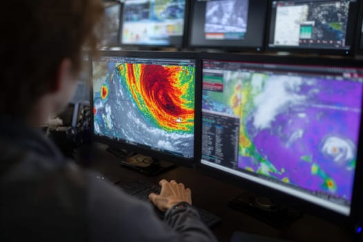 A weather specialist monitors detailed hurricane maps on several high-resolution screens. Ideal for illustrating extreme weather, climate analysis, or emergency tracking operations