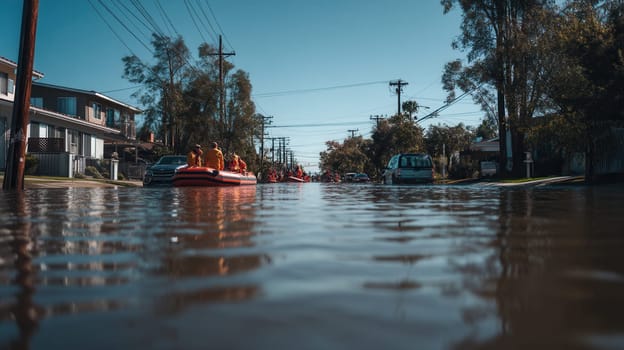 Rescue workers use inflatable boats to evacuate people from a flooded suburban neighborhood. Perfect for illustrating emergency response, natural disaster coverage, and environmental awareness topics