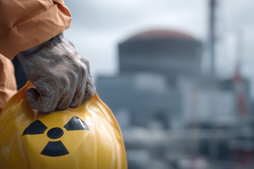 A worker in protective gear holds a radioactive helmet at a nuclear facility. The image emphasizes safety protocols, industrial risk management, and the importance of protective equipment