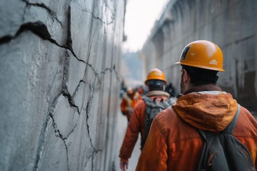 Construction workers in orange jackets and helmets walk along a cracked concrete wall, highlighting the significance of structural integrity and the need for frequent inspections in construction projects