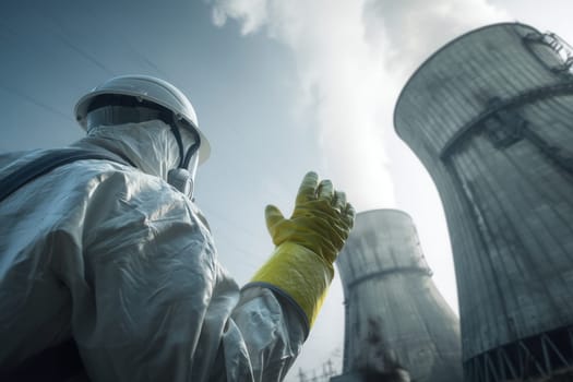 A worker in a protective suit and gloves waves near the cooling towers of a nuclear power plant. The image captures safety measures and the importance of personal protection at industrial sites