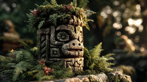 Ancient stone statue covered with moss and ferns in a lush forest, 3d illustration.