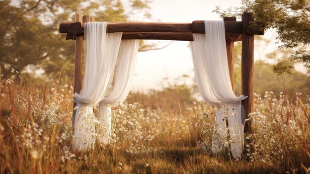 Wooden wedding arch with flowing white fabric in a sunlit meadow, romance theme.