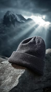 Gray beanie cap on rock with sun rays and mountains under cloudy sky.