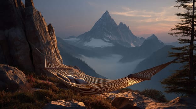 Serene mountain landscape at sunset with a hammock and misty valley view.