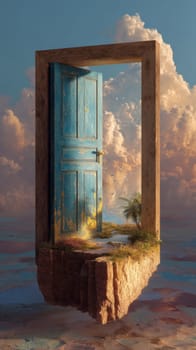 Floating wooden door opens to surreal clouds and birds in dreamlike landscape.