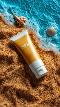 Sunscreen cream tube on sandy beach with seashells and ocean waves, summer skincare concept.