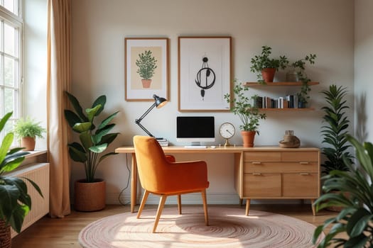 A cozy home office features an orange chair, wooden desk, and plants, complemented by large windows allowing natural light to fill the space during the day. Generative AI.