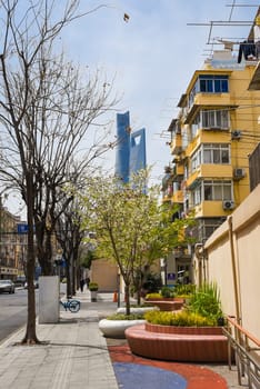Shanghai, China - 1 April 2025: Pudong street with spring blossoms, colorful benches, and view of Shanghai Tower and World Financial Center in background.