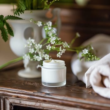 Cosmetic cream in a glass jar. Skin care concept. Background for beauty products