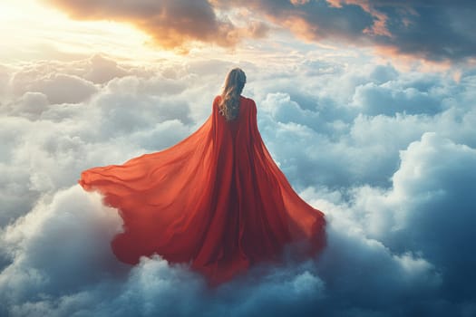 Blonde woman in red flowing dress stands on lush white clouds. Back view of beautiful blonde in red dress fluttering in wind against cloudy sky.