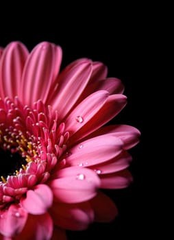 A close up view showcases a pink gerbera daisy with delicate petals featuring raindrops. The flowers vivid color contrasts beautifully with the dark background, emphasizing its natural beauty.