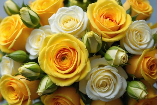 A striking display of yellow and white roses fills the frame, featuring various stages of bloom.