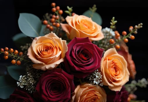 A beautifully arranged bouquet showcases red and orange roses, complemented by greenery and seasonal berries. The warm tones highlight the richness of autumn decorations and floral artistry.