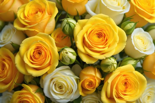 A vibrant bouquet featuring an array of bright yellow and soft white roses, showcasing their lush petals and fresh buds, perfect for celebrations or gifts.