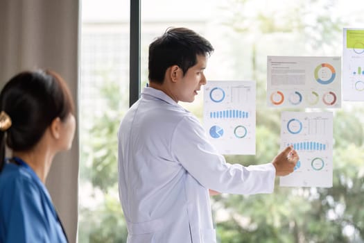 A doctor explaining graphs and data to a colleague, fostering collaboration and informed decision-making in a medical setting.