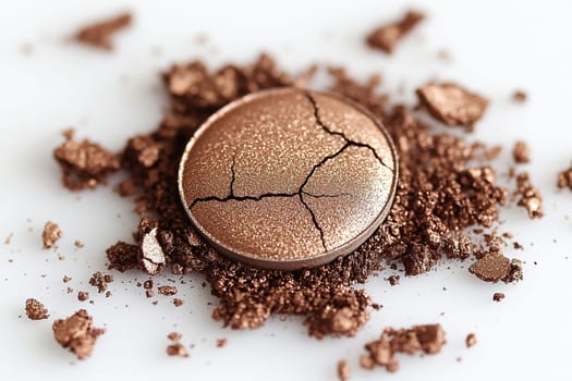 Cracked bronze eyeshadow shows a shimmering texture with scattered pieces. The close-up captures metallic details perfect for cosmetic and beauty themes.