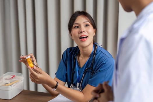 A doctor presenting medication information with enthusiasm to a patient, ensuring a positive and engaging healthcare experience.