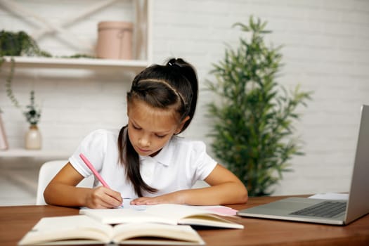cute little child girl using computer for studying online e-learning system. online education concept