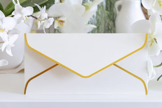 Golden edge envelope near white orchid flowers on table close up, mockup. Pastel romantic scene with horizontal card for exotic wedding, Valentines or Mothers day stationery and tropical party design