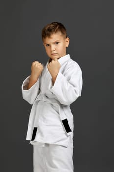 little child boy in a white karate kimono. Karate fighter ready to fight.