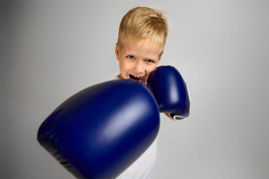 little boxing fighter boy in blue boxer gloves fighting