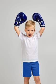 happy little boxing fighter boy in blue boxer gloves is gesturing victory