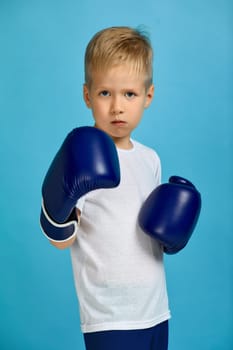 little boxing fighter boy in blue boxer gloves over blue background