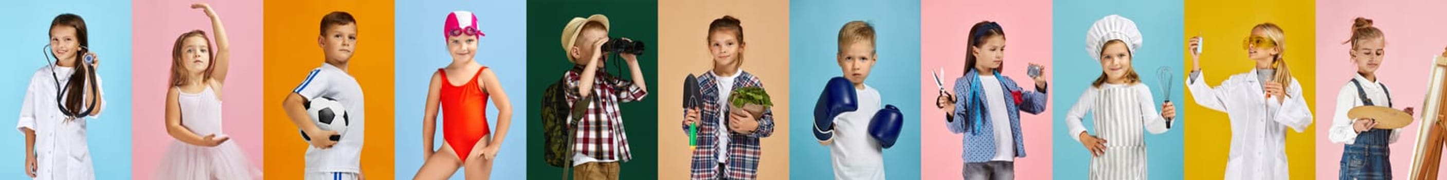 children dream of the future. Little child girl and boy want to become football player, ballerina, doctor, scientist, chef, tailor, artist, swimmer, gardener or boxer.