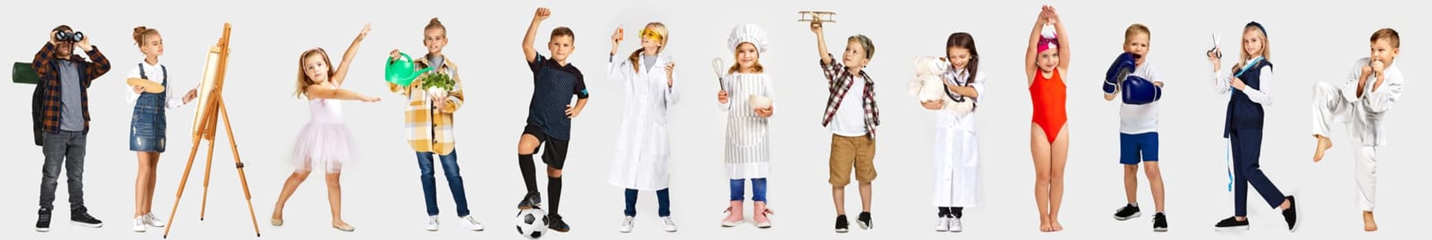 children dream of the future. Little child girl and boy want to become football player, ballerina, doctor, scientist, chef, tailor, artist, swimmer, gardener, boxer or pilot.